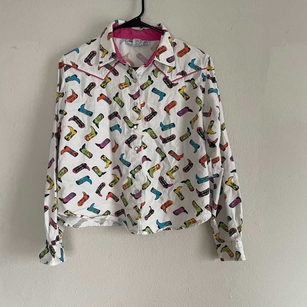90s Colorful Cowboy Boot Print Pearl Snap Shirt
